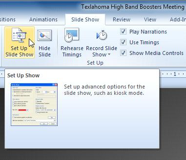 Setting up slide show 3. The Set Up Show dialog box will appear.