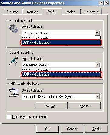 on your computer. The preference device of Sound Playback and Sound Recording should be USB Audio Device, as shown below: Set Audio In and Audio Out to USB Audio Device.
