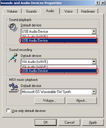 Set Audio In and Audio Out to USB Audio Device.