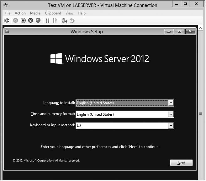 Configuring Virtual Machines 465 F IGU RE 9.13 Virtual Machine Connection window showing a running Windows Server 2012 virtual machine NIC Teaming is a common practice when setting up virtualization.