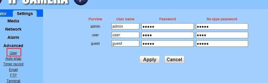 Change the password (length within 31 characters: numbers, letters, and underline) IE Setting Advanced User 3.