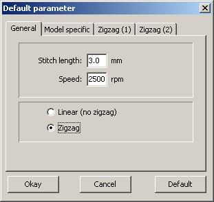 7-4 711 DA-CAD 5000 Default parameters window The default parameters input window is divided into four tabs Tabbed sections three and four are only visible if a zigzag seam needs to be sewn Tab 1: