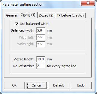 Input windows 7-9 Tab 2: Zigzag (1): Only shown when Zigzag is selected in Tab 1 Symmetrical width Description yes The zigzag will be drawn symmetric to the seam section line One value is given for
