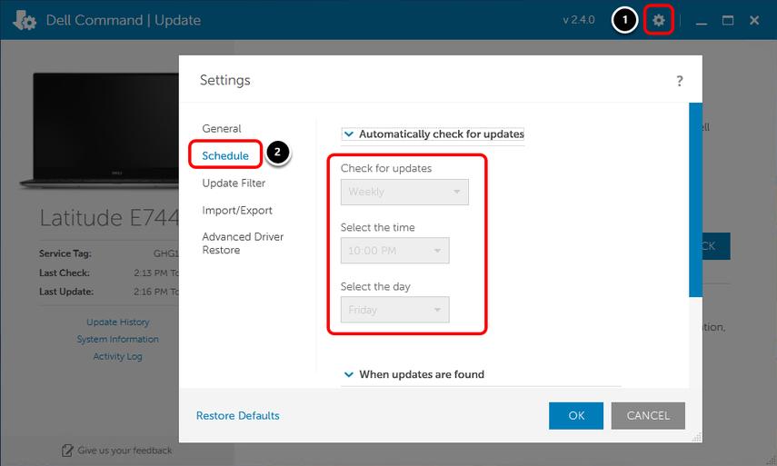1. Click the settings icon. 2. Click Schedule. Note that the settings are unavailable (dimmed) and set to match the profile configuration options.