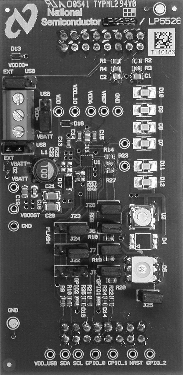 Board Layout 20198216 20198210 Figure 11. LP5526 Evaluation board and layout picture The evaluation board layers are: 1. Top, component side 2. Signal layer 3. GND plane 4.