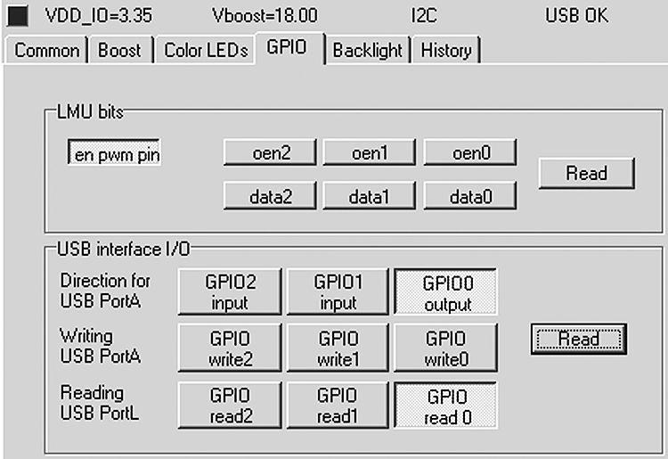 GPIO TAB Figure 5. GPIO Tab 20198204 In this tab it is possible to control GPIO bits and configure USB board for reading/writing. Port A, B and L refer to USB interface boards ports.