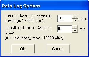 3.2 Data Log Options (File) See Figure 7. a) Time between successive readings (1-3600 sec). Default is 10 sec. Select the time lag preferred between each successful reading using the arrow keys.