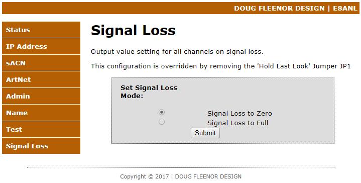 The Signal Loss page is used to configure the interface s behavior upon loss of signal. You can configure the Signal Loss Mode to have all the outputs go to Zero or have all the outputs go to Full.
