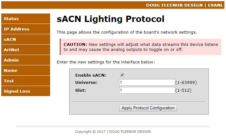 The sacn page allows you to configure the E8ANL-DIN using the sacn lighting protocol.