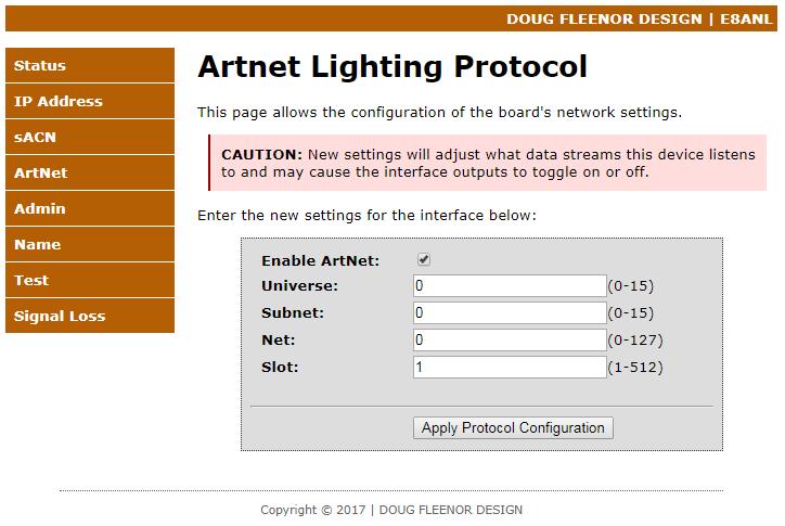 The ArtNet page allows you to configure the E8ANL-DIN using the ArtNet lighting protocol.