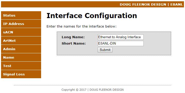 The Name page allows you to adjust the name of the E8ANL-DIN.