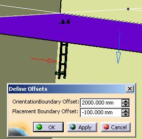 3. Vertical or incline ladder, with face defined on top of the ladder and orientation plane in the body of the ladder. After you select the part in the Catalog Browser, select a placement boundary.