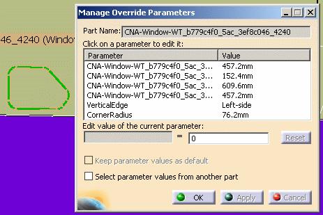 Change the Parameters of a Part This task shows you how to change the parameters of a part. 1. Select a part, in this case a window, and click the Edit Part Parameters button.