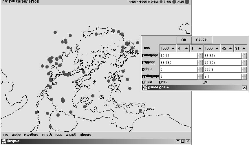 Fig. 3. Screen-shot of our prototype illustrating the spatial distribution of earthquake epicenters in Greece during 90 s, corresponding to M L 5.