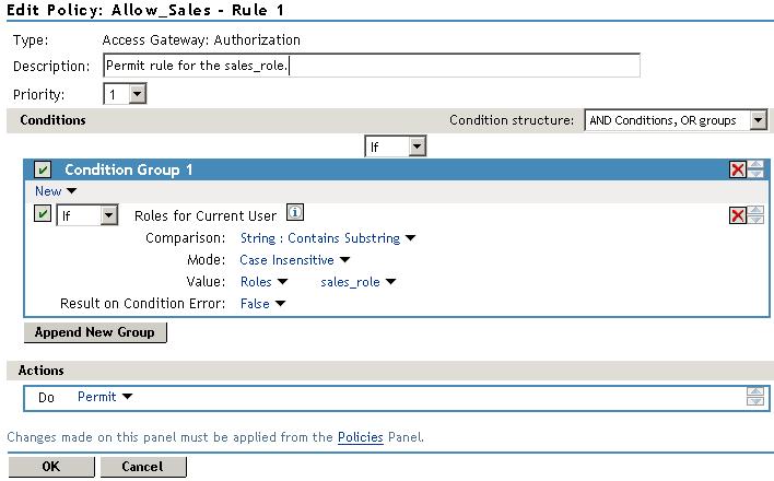 This rule allows everyone assigned to the sales_role to have access. 10 Click OK. 11 In the Rule List, select New.