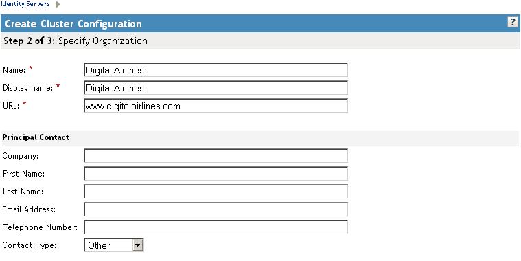 Name: The name by which you want to refer to the Identity Server configuration. This field is populated with the name you provided in the New Cluster dialog box.