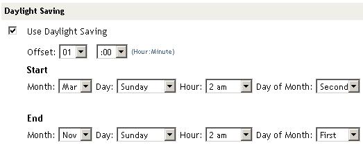 4 (NetWare only) Configure daylight saving time. In the Daylight Saving section, configure the following fields: Use Daylight Saving: Enables daylight saving time for your time zone.
