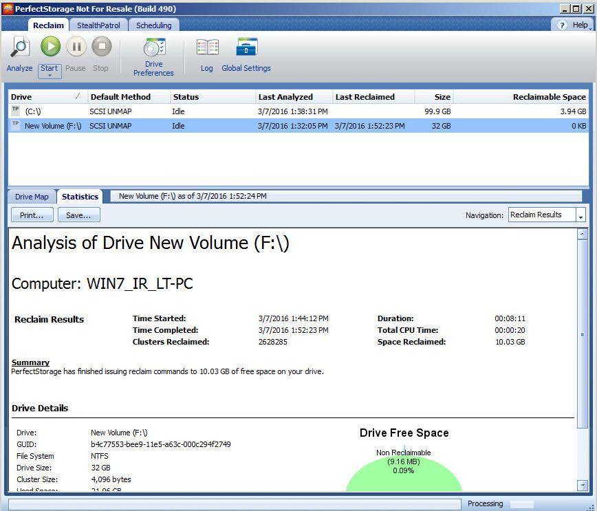 Getting Started with PerfectStorage The Statistics tab displays the drive statistics in a single page view divided into sections.