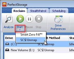 Using PerfectStorage to Reclaim Free Space 3. In the Start drop-down box in the Tool Bar choose a reclaim method: SCSI UNMAP or Smart Zero Fill.