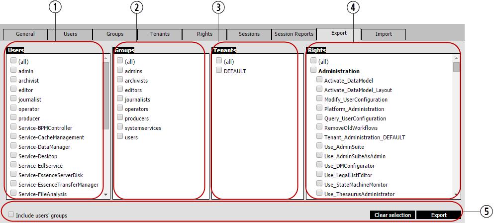 Pane 1 Users Lists all internal users of the system and provides controls to select them for the export. All check boxes are deselected by default.