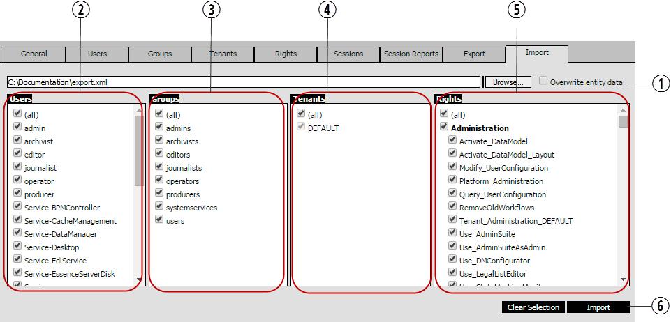 Pane 1 Browse Provides controls to select the import file and set the Overwrite flag. For additional information, see Understanding Import Effects on page 55.
