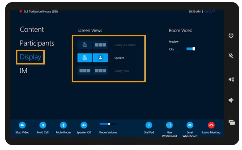 To go back to the default room view, press Recall Preset 1. DISPLAY OPTIONS By default, the left screen shows participants and the right screen shows the active presentation or whiteboard. 1. To choose other screen views, press Display.
