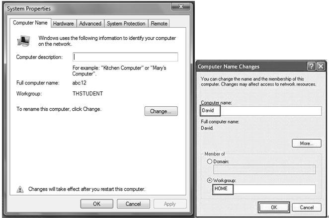 4. Setting PC name and workgroup Start control panel System change to set Computer Name and
