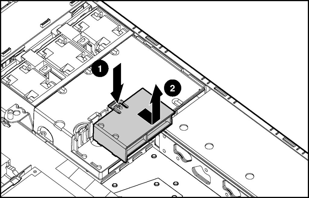 4. If your server is configured with hot-plug power supplies: a. Remove both hot-plug power supplies. Refer to Hot-Plug Power Supplies earlier in this chapter. b. Press down on the tab on the power supply fan baffle (1).