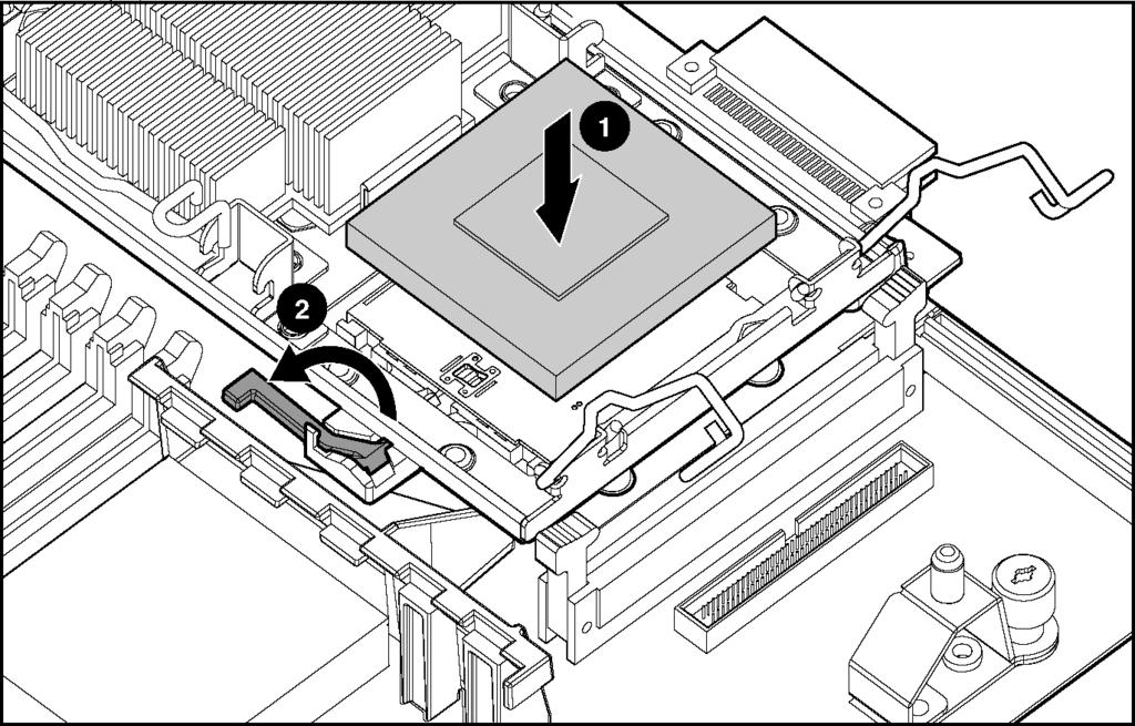 To replace the processor: 1. Install the processor into the socket (1). 2. Close the processor locking lever (2).