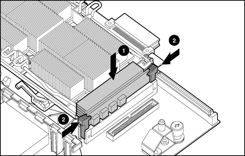 4. Open the PPM locking latches (1). 5. Lift the PPM from the socket (2). Figure 2-44: Removing a processor power module 6. Install a new PPM into the socket (1). 7. Close the locking latches (2).