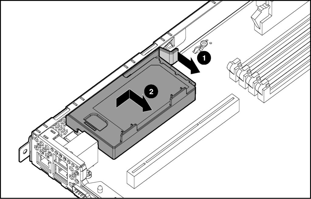 7. Pull the latch on the BBWC battery module (1). 8. Slide the BBWC battery module toward the front and away from the chassis (2), and remove from the chassis.