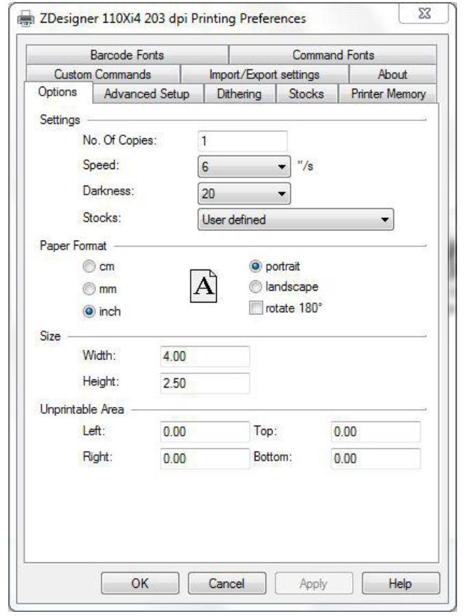 Click on Options Tab Set setting as shown in the above picture. Speed is the Print Speed of the Label Darkness is the temperature that the print head will use to print the label.