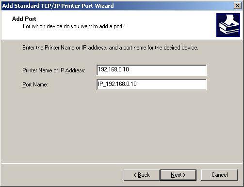 Printing with Windows XP/2000 (continued) Type in the IP