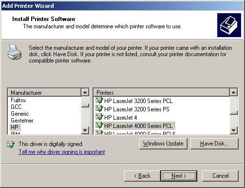 Printing with Windows XP/2000 (continued) Click Finish In this window, scroll down to find your printer.