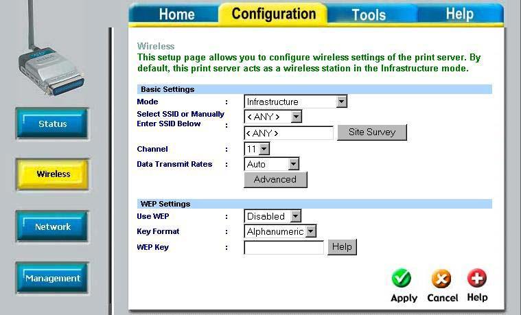 Printing with Windows 98SE/Me (continued) Configuration > Wireless Change the mode to Infrastructure. Input or select the SSID of your wireless router or AP. Input WEP settings if applicable.