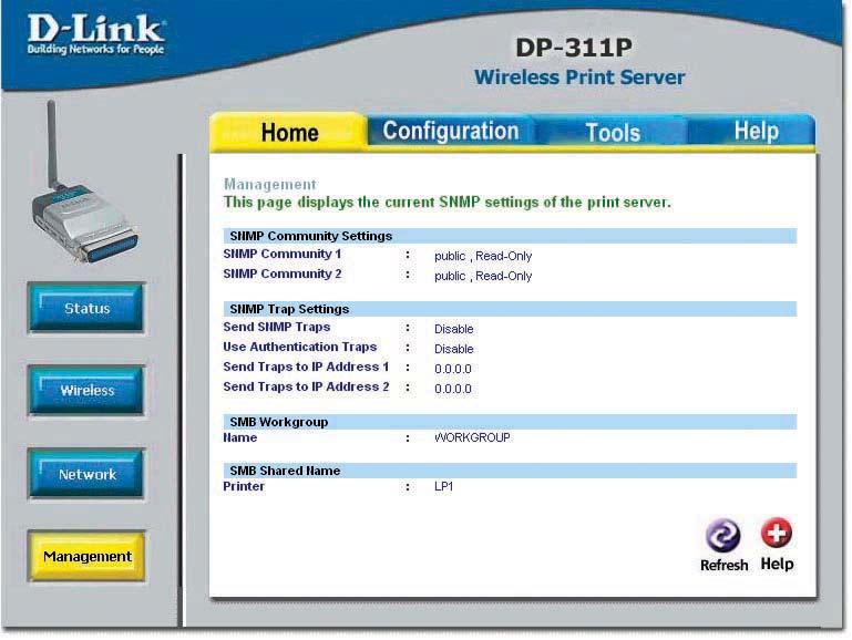 Using the Web Configuration (continued) Home > Network This screen displays the current TCP/IP settings; Netware settings and