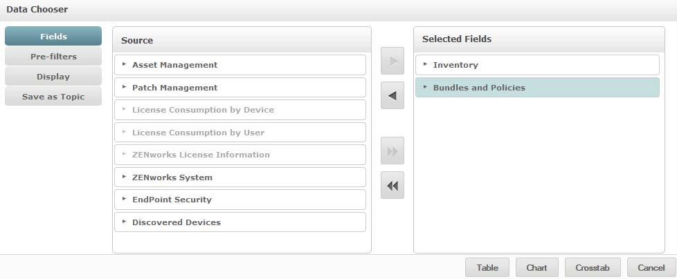 You must select items from the the Source to Selected Fields, to enable Pre-filters, Display, and Save as Topic buttons.
