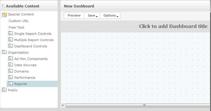 2 In the Available Content pane, navigate to the required folder, right-click the report name, and click Add to Dashboard, or drag and drop the report from Available Content to Dashboard Viewer.