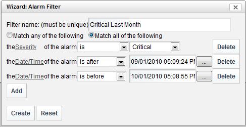4 Click Add to display a filter condition row: 5 Define the condition statement by selecting the following: Alarm Column: Click the Select Alarm Column link to
