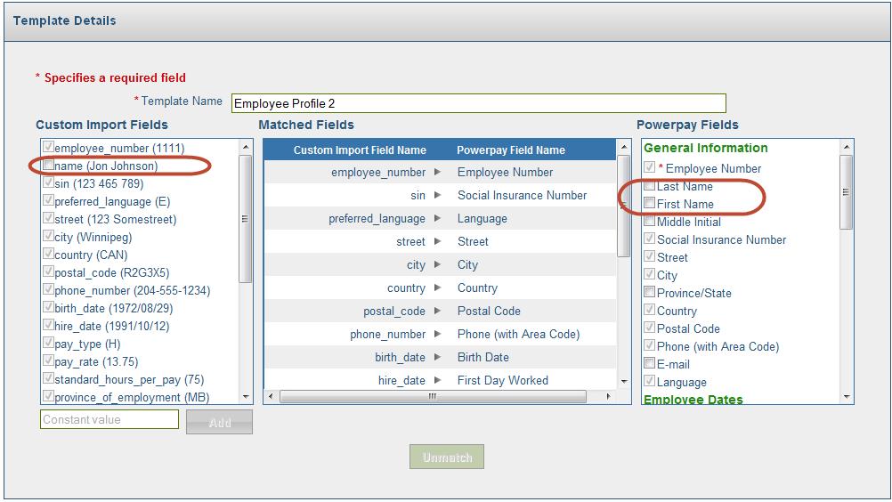 Use the Split Fields functionality to split the name field into First Name and Last Name to match the Powerpay fields.