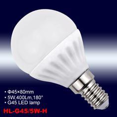 LED Bulb Lamp (3/5) H series (Aluminum wrapped with thermal plastic housing) Part number HL-G45/5W-H Input voltage 175~265VAC, 50/60Hz Description H series G45 5W LED lamp PF / Dimming PF 0.