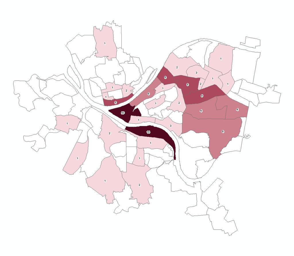 Spatial join result Show as a choropleth map, with labels, or table Neighborhood Name Count Central Business District 53 Southside Flats 14 Shadyside 9 Bloomfield 8 Lower Lawrenceville 8 North Shore