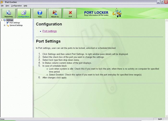 Configuration section will help users to set & manage port locker settings.
