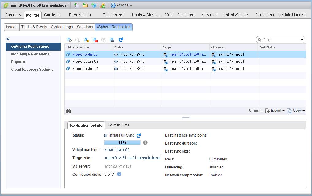 c In the vsphere We Client, click Home > vsphere Repliction nd click the Home t. Select the mgmt01vc01.sfo01.