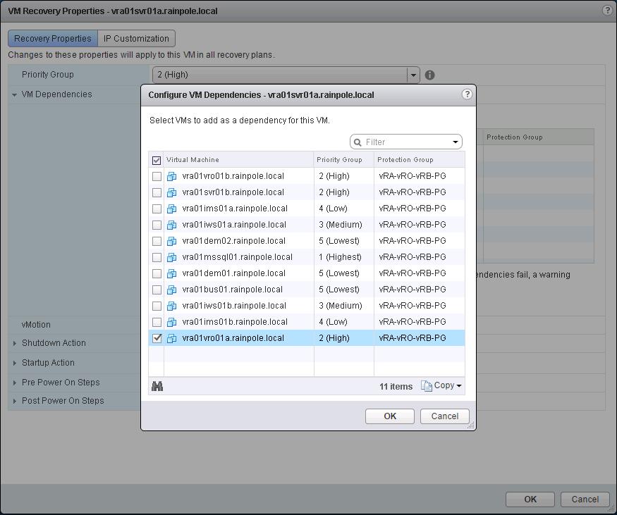 8 Configure the VM dependencies. c Right-click vr01svr01.rinpole.locl in the recovery pln nd select Configure Recovery.