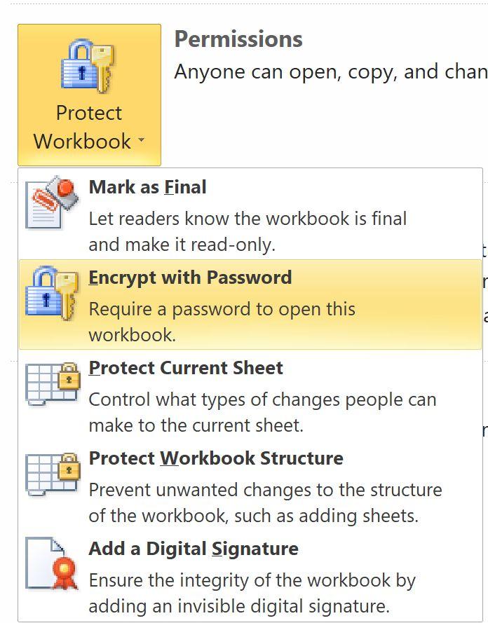 Collaborate Excel: Encrypt with Password Sheets: Limit sharing options If you have sensitive content in a spreadsheet, you can prevent people from downloading, printing, or copying