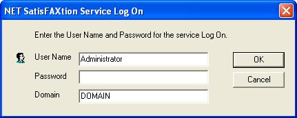 Setup will now create the NET SatisFAXtion service. The service must be configured to log on as a Windows user account.