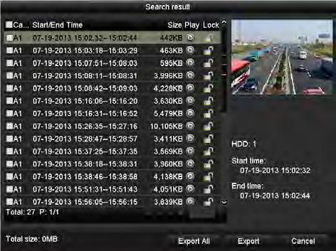 Figure 7. 8 Result of Normal Video Search for Backup 4. Export. Note: Click Export button and start backup. Please format the esata first when using it for the first time.