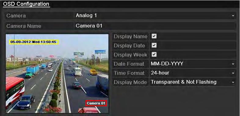11.1 Configuring OSD Settings Purpose: You can configure the OSD (On-screen Display) settings for the camera, including date /time, camera name, etc. 1. Enter the OSD Configuration interface.