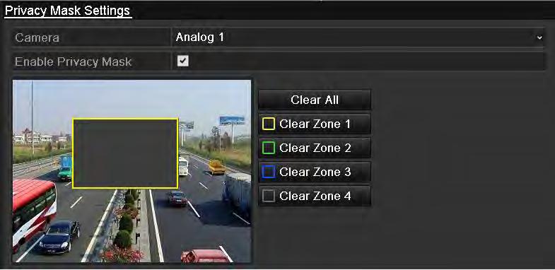 Use the mouse to draw a zone on the window. The zones will be marked with different frame colors. Note: Up to 4 privacy mask zones can be configured, and the size of each area can be adjusted. 5.
